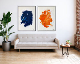 Komposition: abstrakte Kunst in leuchtendem Orange und Blau