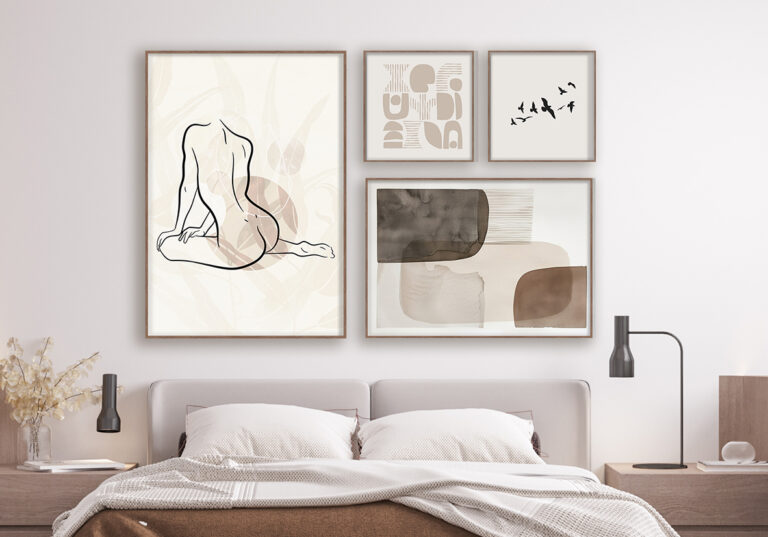 Modernes minimalistisches Schlafzimmer mit abstrakter Dekoration