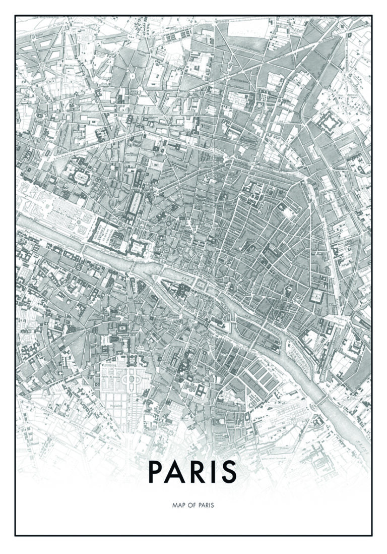Detaillierter Stadtplan von Paris in Schwarz-Weiß.