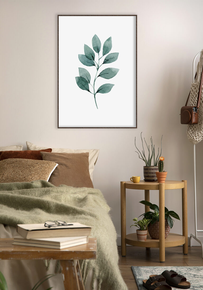 Künstlerische Aquarellillustration eines grünen Blatts.