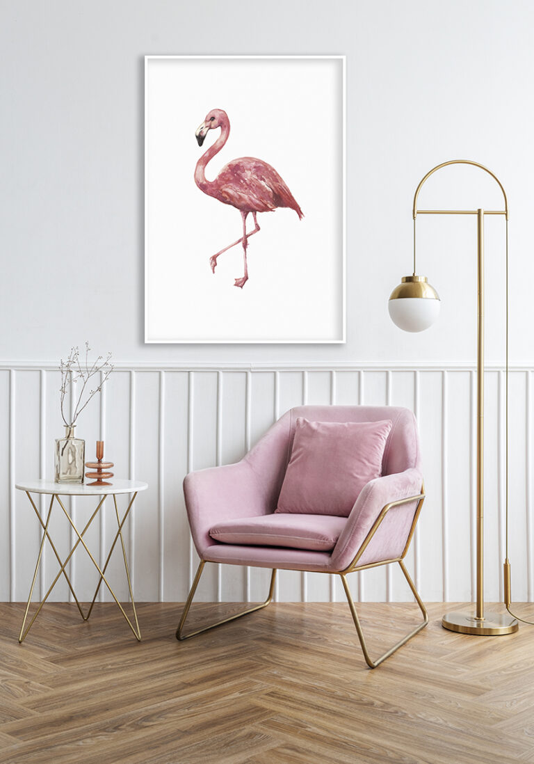 Aquarellillustration eines Flamingos auf weißem Hintergrund.
