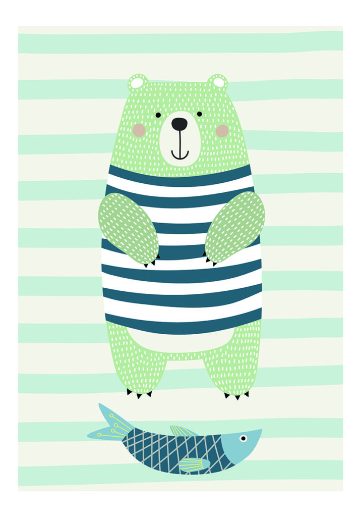 Niedlicher Bär mit Fisch: Kinderillustration
