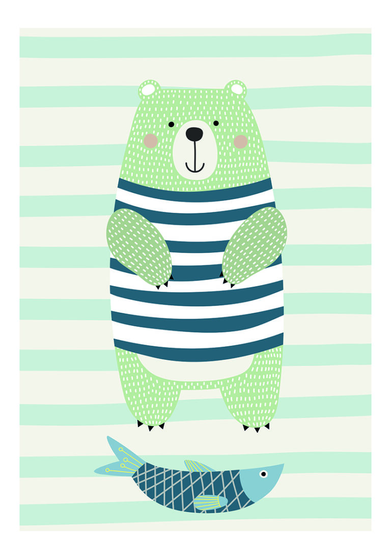 Niedlicher Bär mit Fisch: Kinderillustration