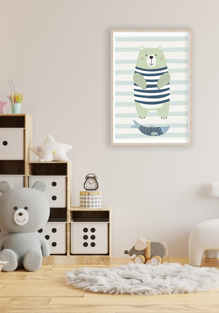 Niedlicher Bär mit Fisch: Kinderillustration