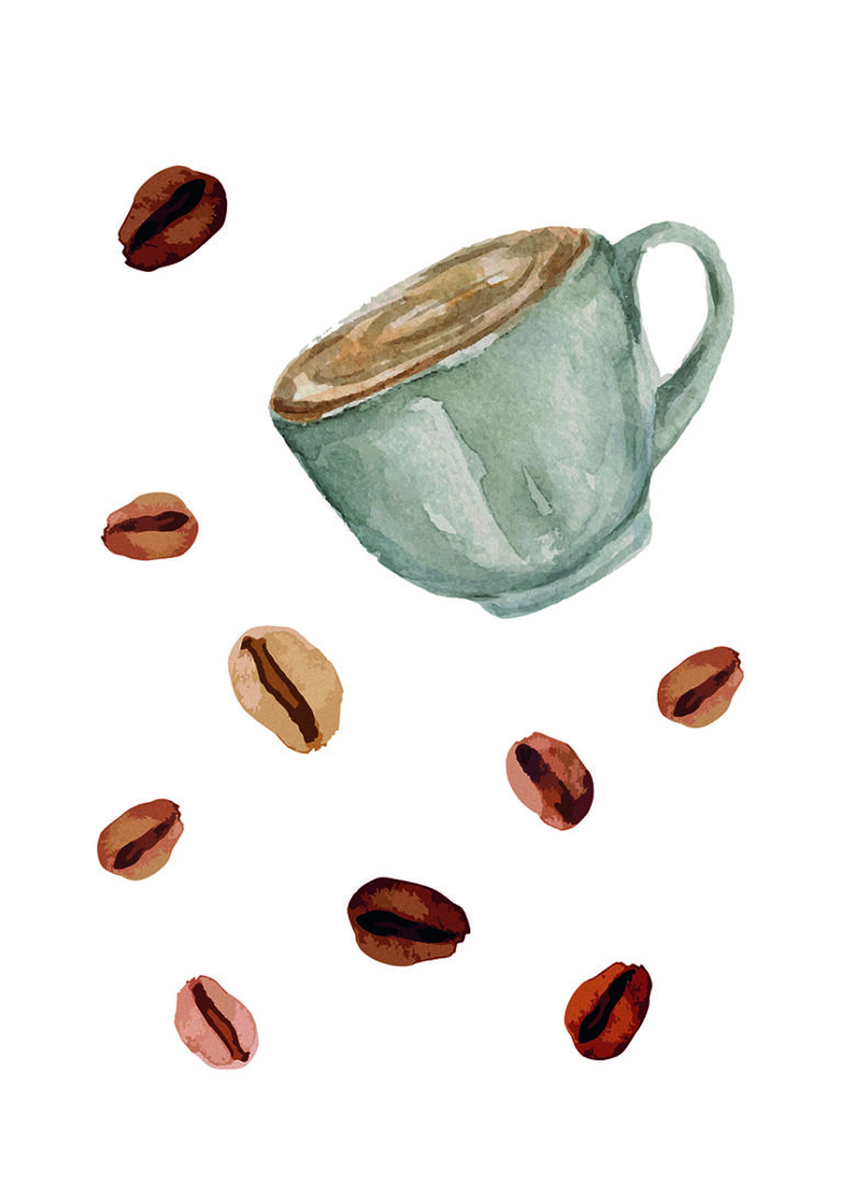 Kaffeetasse mit Bohnen in Aquarell