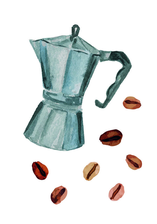Illustration einer Espressokanne mit Kaffeebohnen
