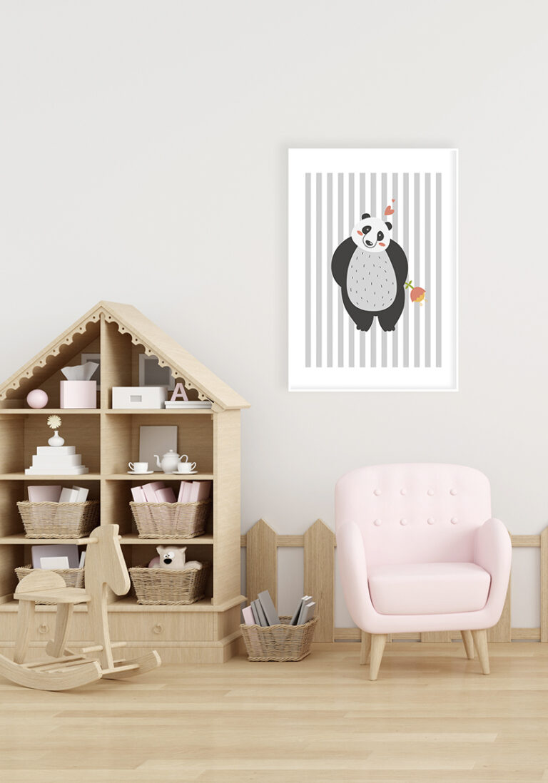 Illustration eines niedlichen Pandas vor gestreiftem Hintergrund