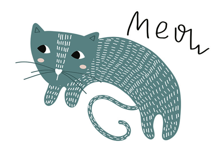 Illustration einer niedlichen Katze mit dem Schriftzug Meow