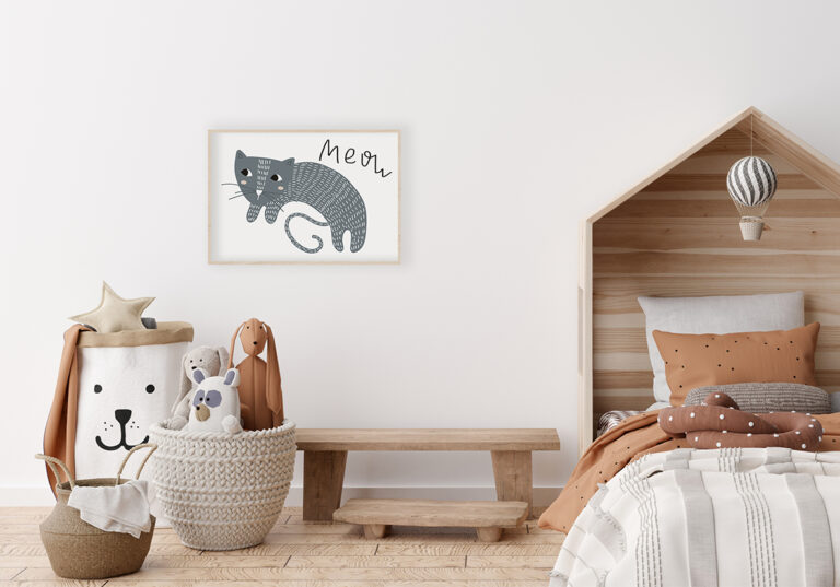 Illustration einer niedlichen Katze mit dem Schriftzug Meow