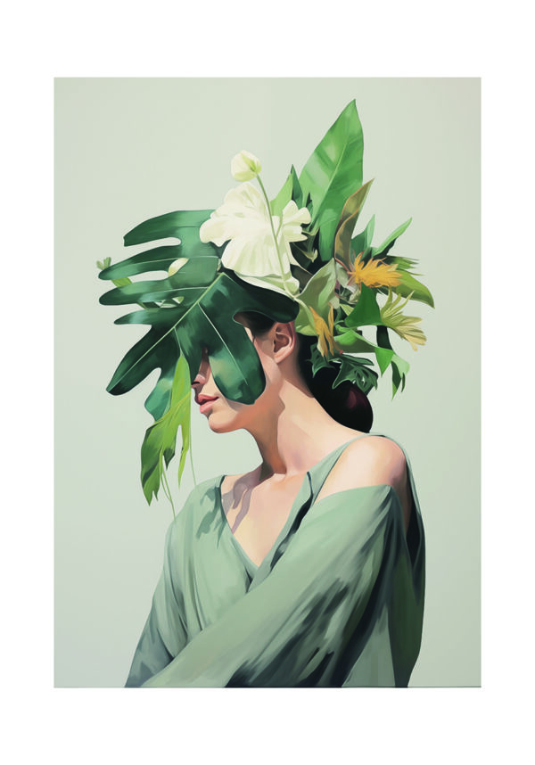 Modernes Porträt mit tropischen Elementen Dieses Werk zeigt eine ruhige Figur, geschmückt mit üppigen grünen Blättern und zarten floralen Details