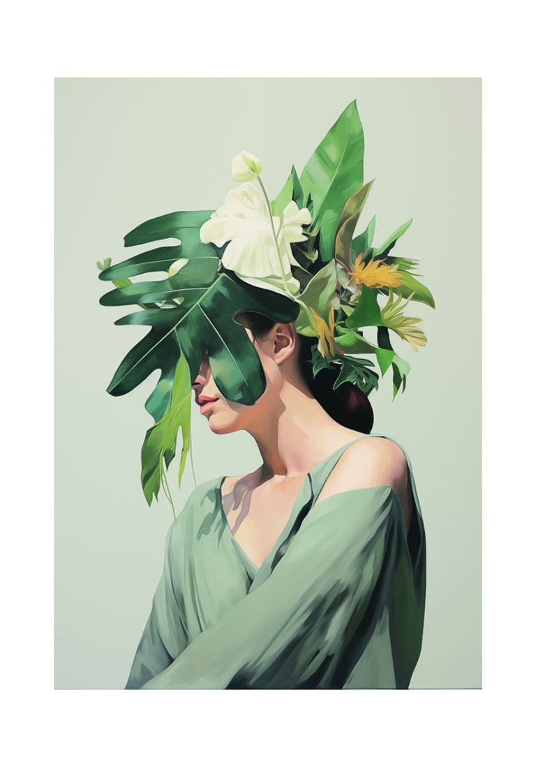 Modernes Porträt mit tropischen Elementen  Dieses Werk zeigt eine ruhige Figur, geschmückt mit üppigen grünen Blättern und zarten floralen Details
