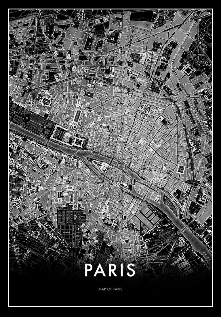 Detaillierter Stadtplan von Paris in Schwarz-Weiß