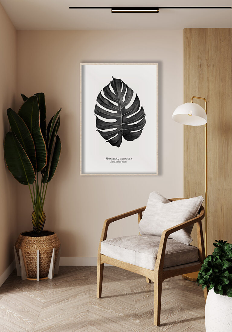 Monochrome Illustration eines Monstera-Blatts