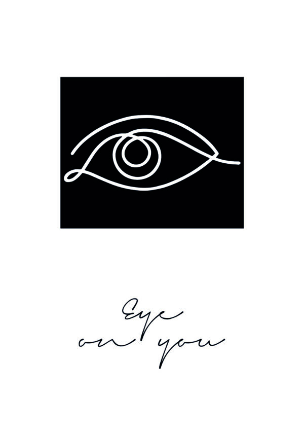Minimalistische Zeichnung eines Auges mit Typografie