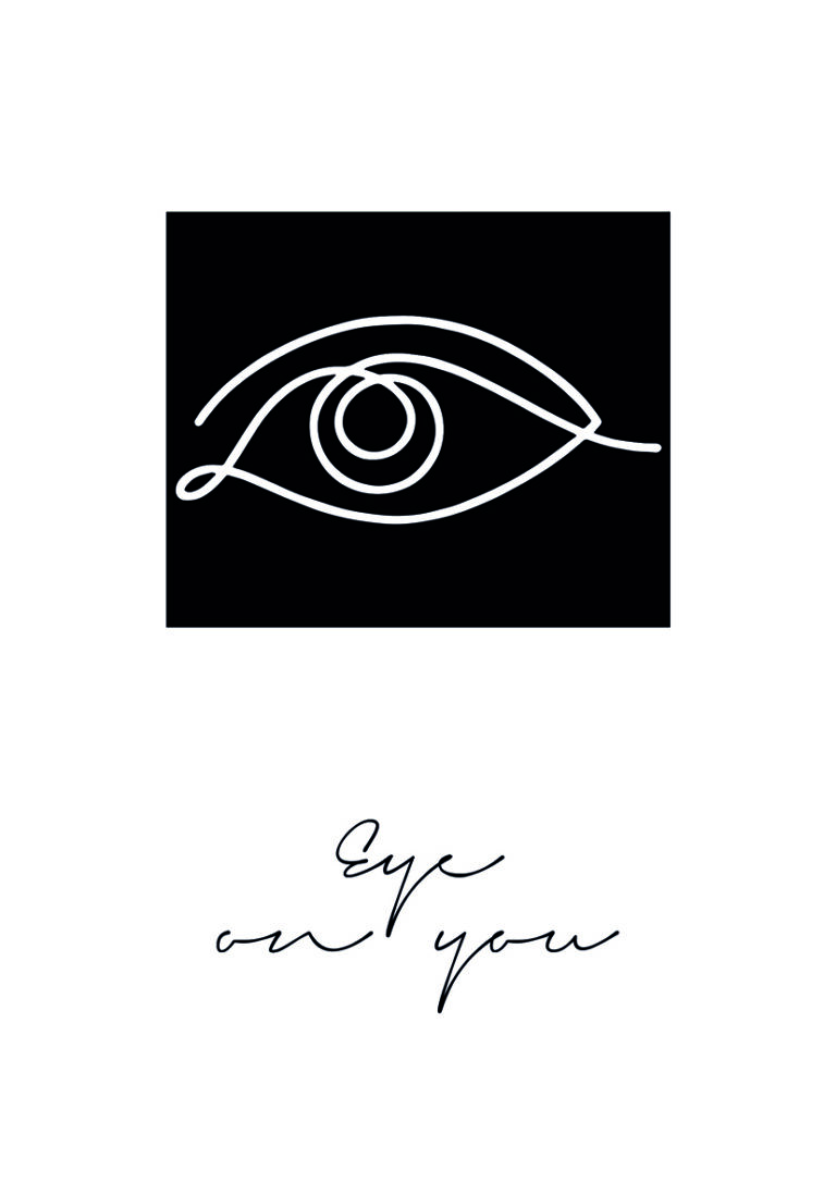 Minimalistische Zeichnung eines Auges mit Typografie