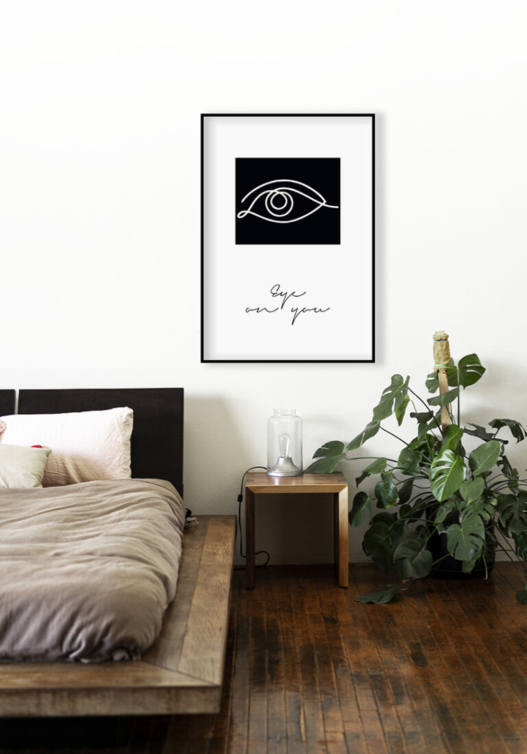 Minimalistische Zeichnung eines Auges mit Typografie