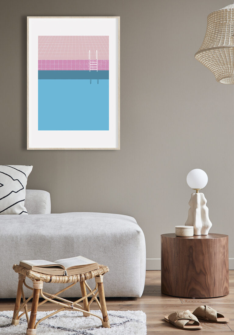 Minimalistische Pool-Kunst in Rosa und Blau
