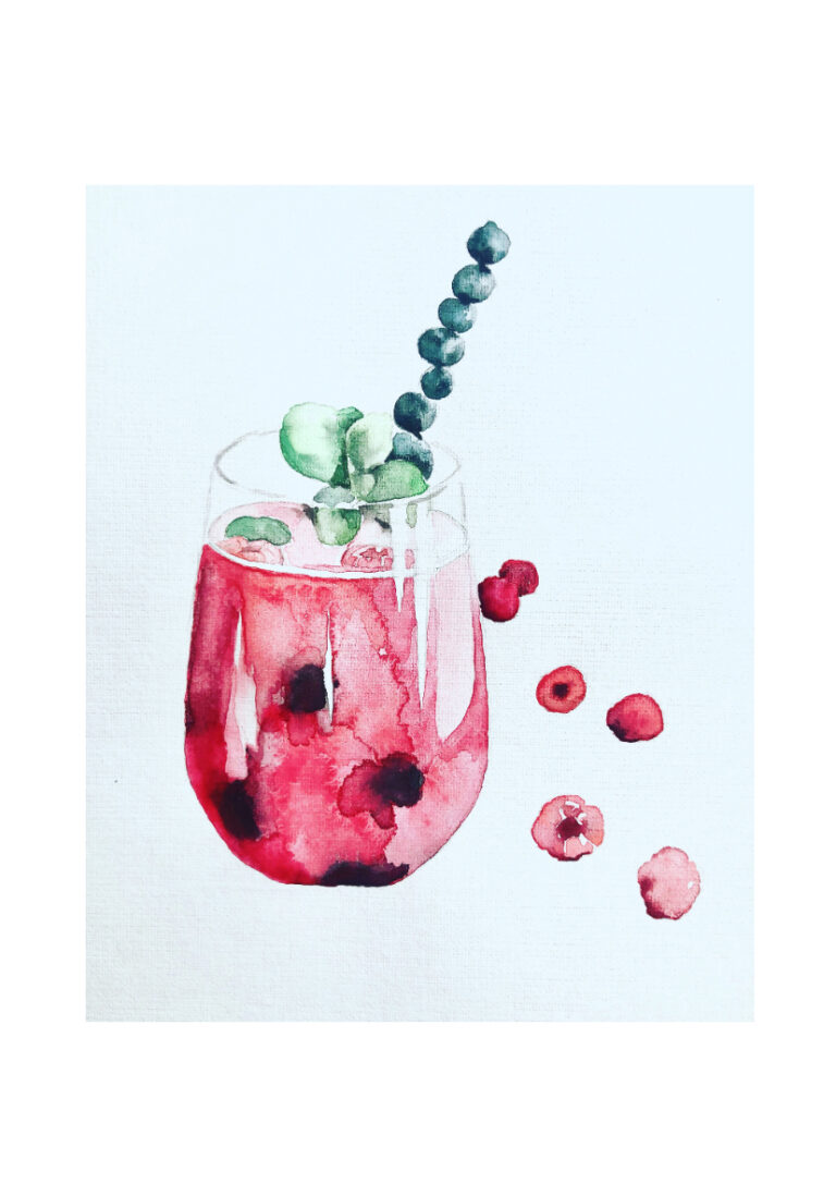 Farbenfrohe Aquarellillustration eines Getränks mit Früchten