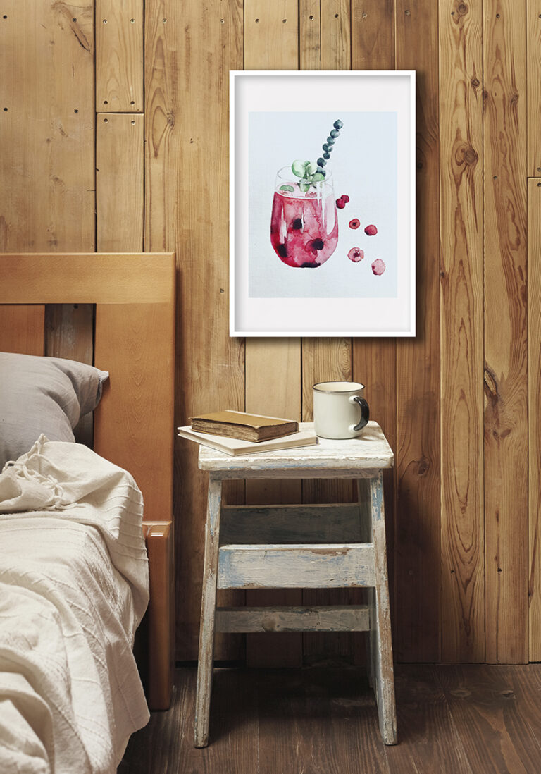 Farbenfrohe Aquarellillustration eines Getränks mit Früchten