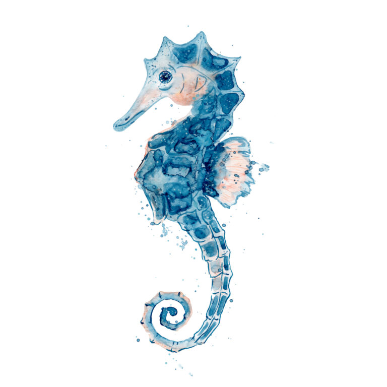 Aquarellillustration eines blauen Seepferdchens