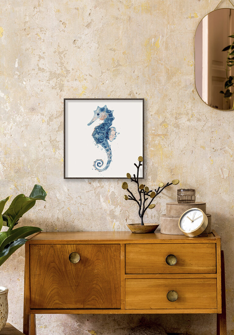Aquarellillustration eines blauen Seepferdchens