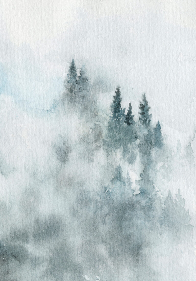 Nebliger, stiller Wald in Aquarell