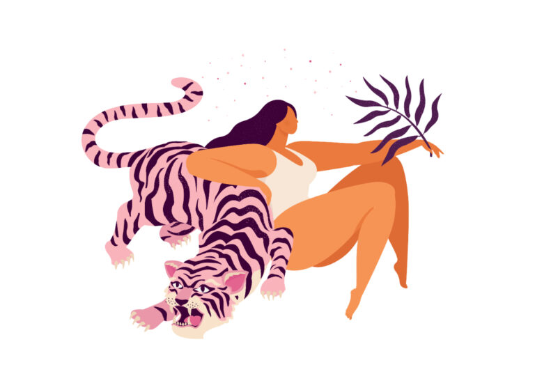 Selbstbewusste Frau mit illustriertem Tiger
