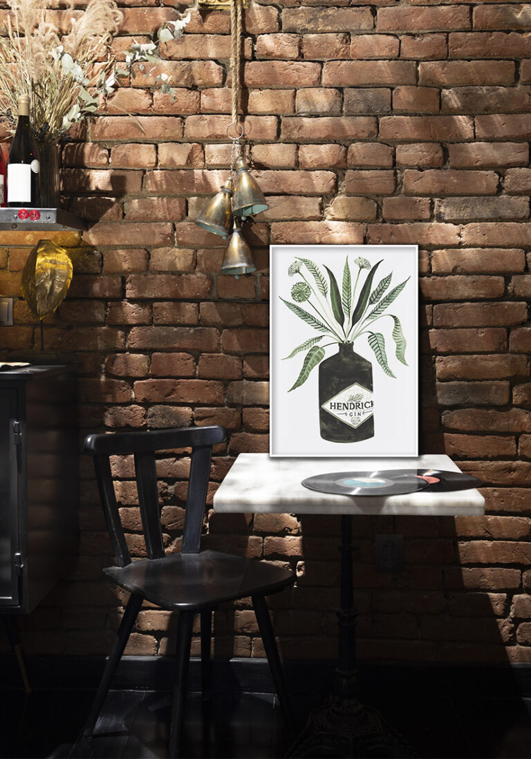 Abstrakte botanische Kunst mit Flasche