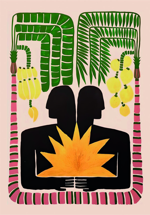 Abstrakte tropische Illustration mit menschlichen Silhouetten
