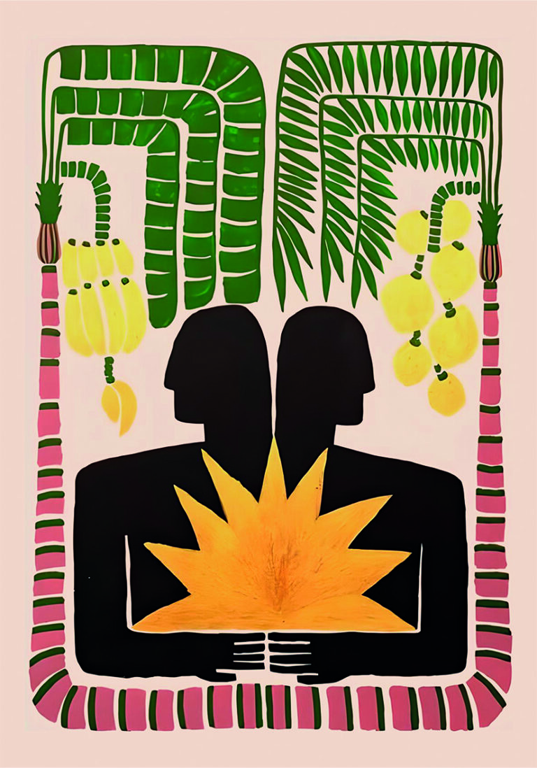 Abstrakte tropische Illustration mit menschlichen Silhouetten