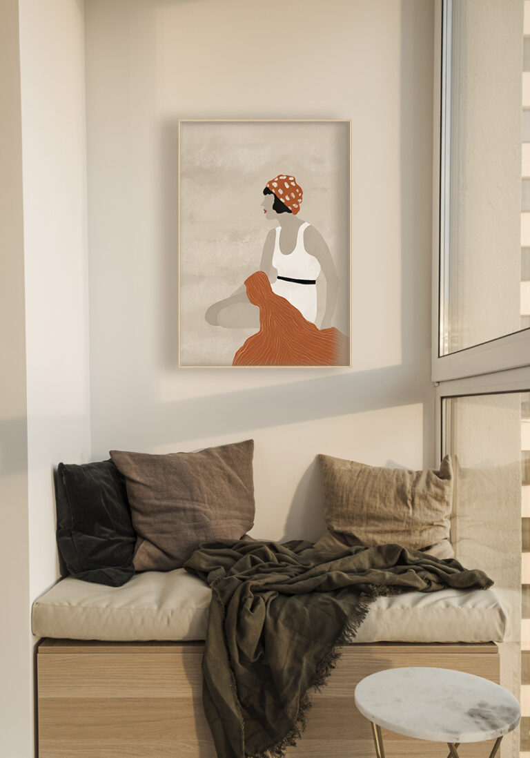 Minimalistische Retro-Kunst mit orangefarbenen Akzenten
