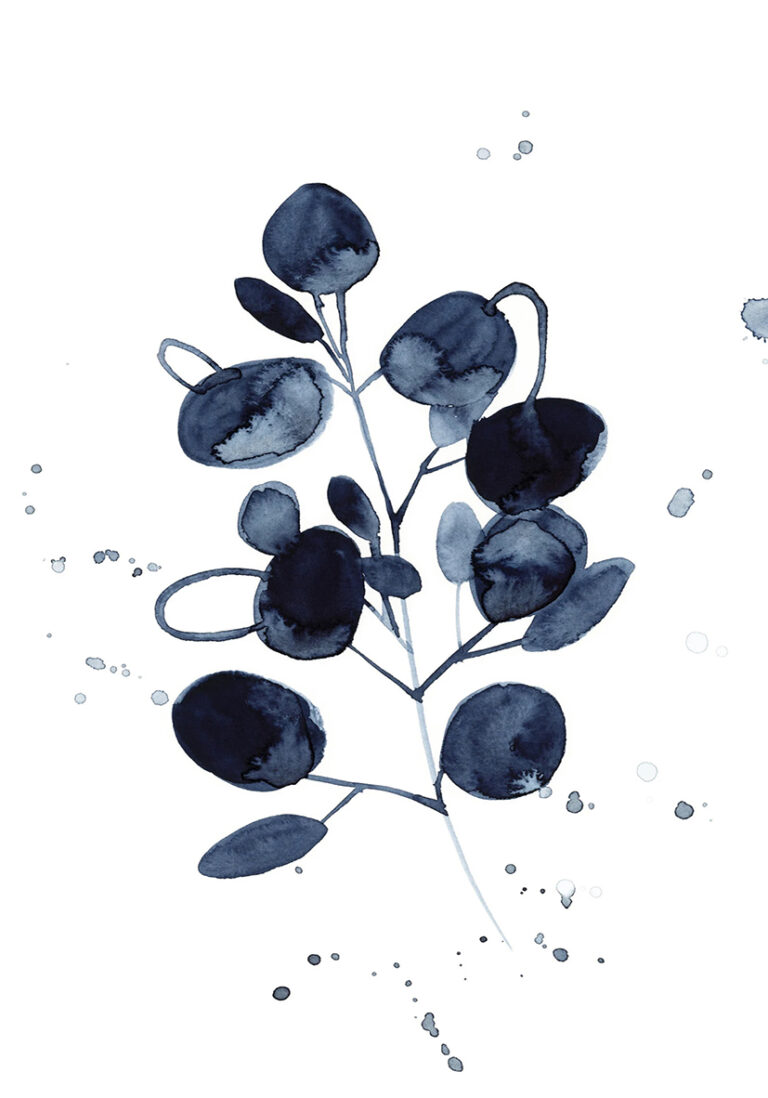 Botanische Tuschekunst mit blauen Blättern