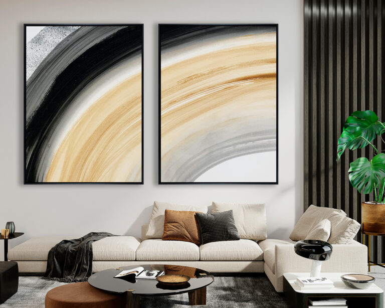Komposition mit abstrakter Kunst in Schwarz und Gold