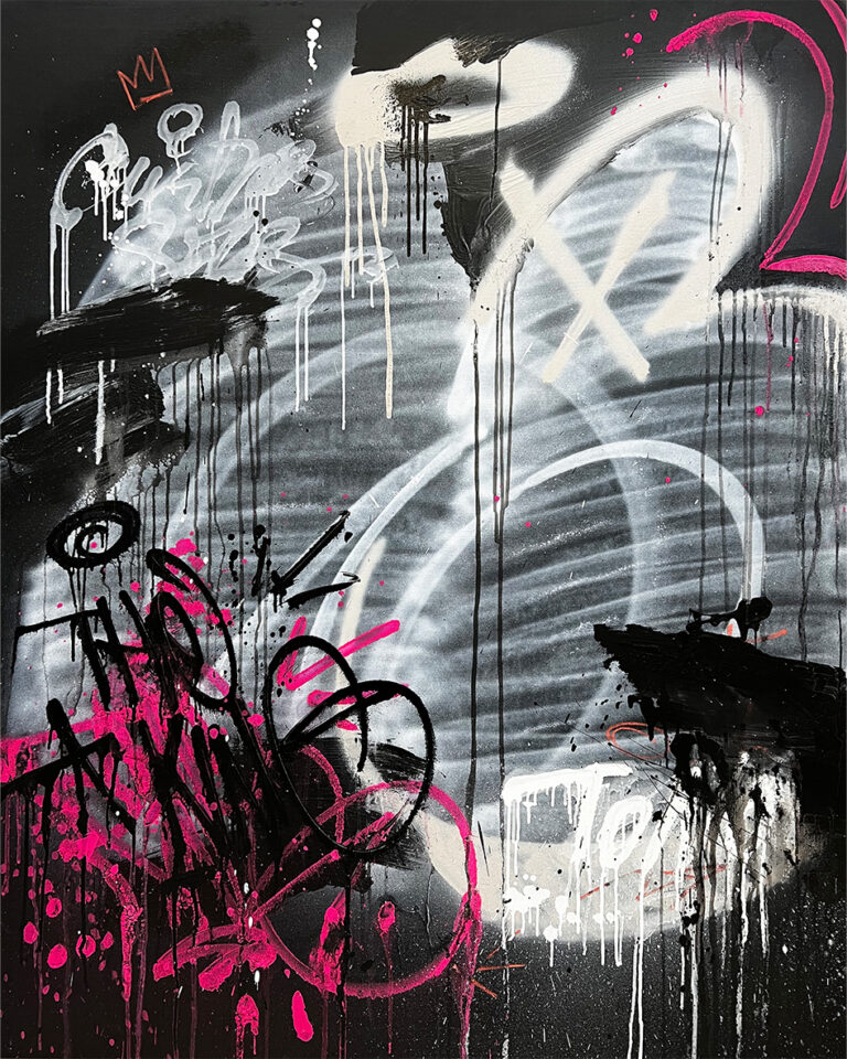 Abstraktes Gemälde mit Graffiti in Schwarztönen