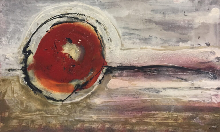 Abstrakt-expressionistisches Werk mit roter Kugel
