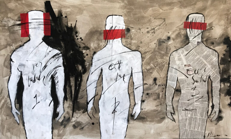 Abstrakte Figuren mit überlagertem Text