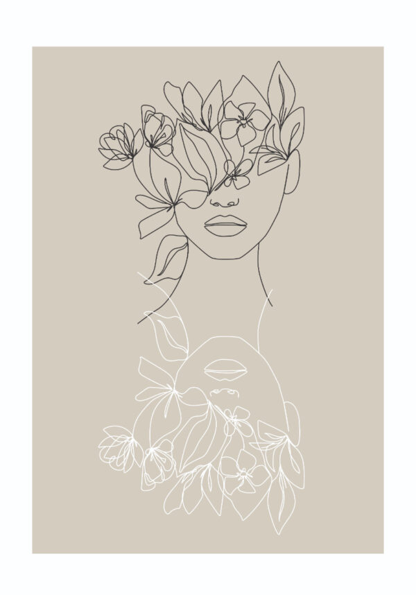 Line-Art einer Frau mit Blumen