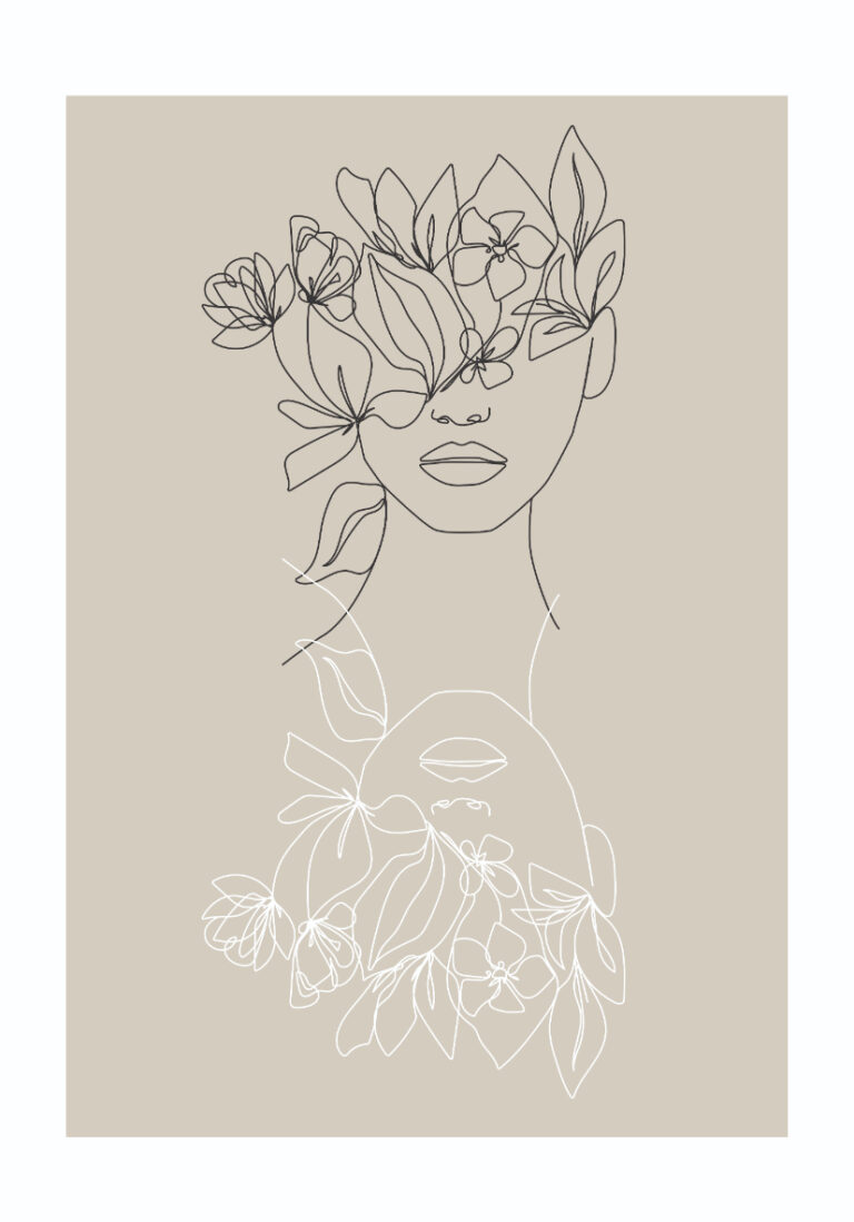 Line-Art einer Frau mit Blumen