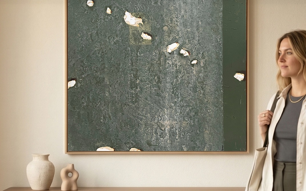 Originalwerk in Grüntönen über einem Sideboard