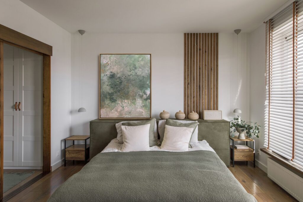 Schlafzimmer mit Werk in Grüntönen über dem Kopfteil