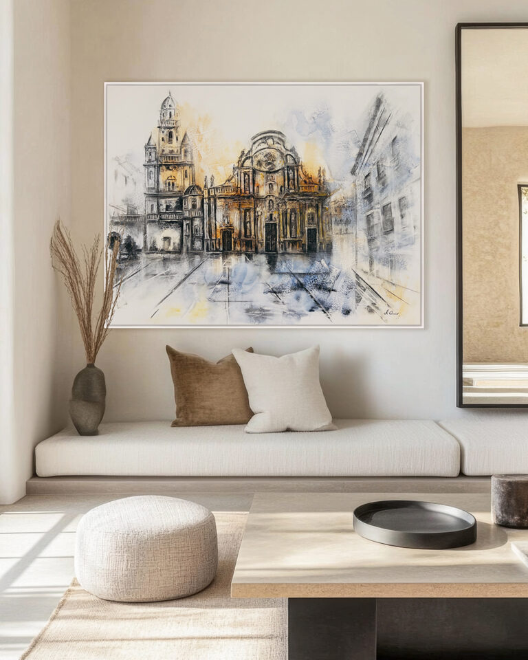Raumansicht: Architektur-Aquarell einer Kathedrale in Ocker- und Blautönen