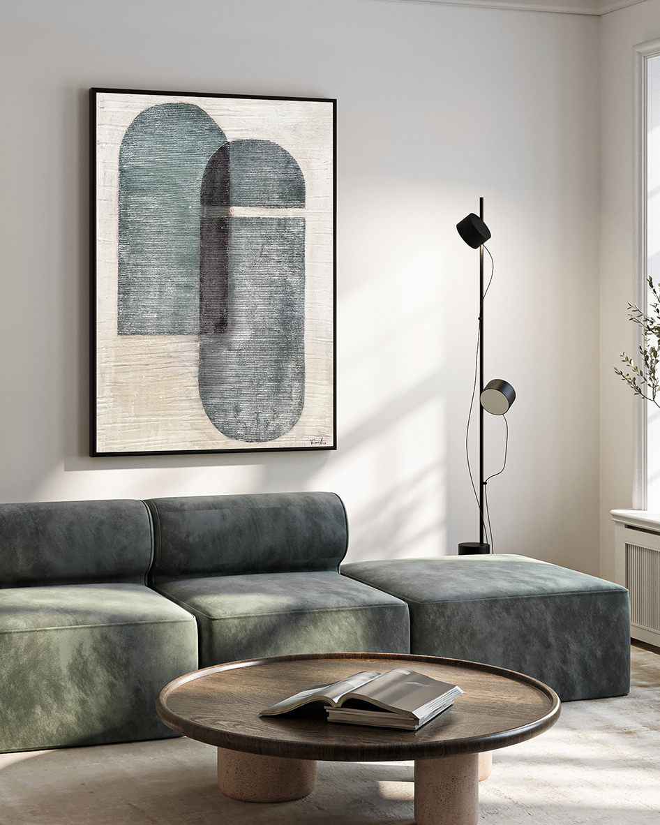 Raumansicht: abstrakte Leinwand mit Bogenformen in Graphittönen