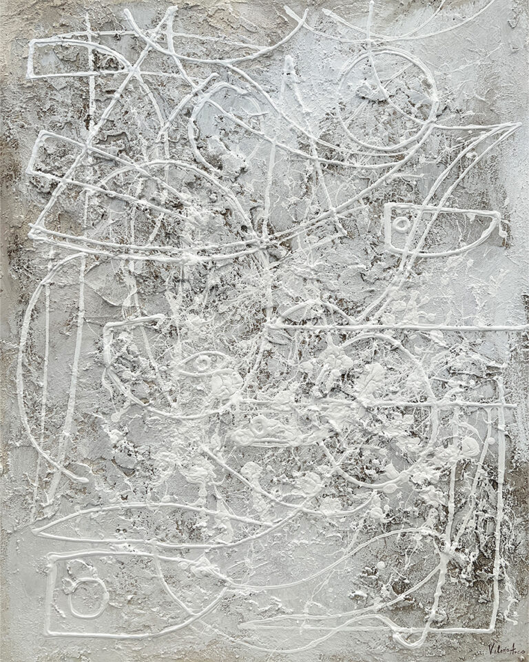 Pastose abstrakte Leinwand mit kalligrafischem Strich in weißem Relief