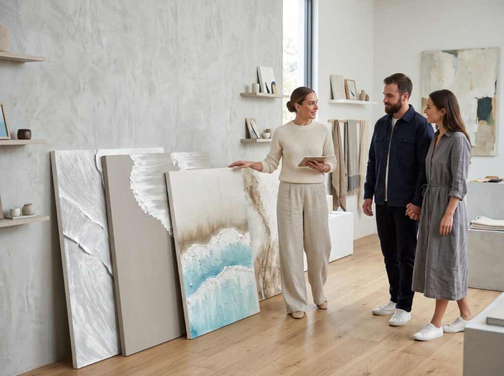 Zwei Personen begutachten Kunstdrucke auf einem Tisch